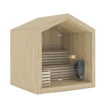A calm sauna interior defined by natural wood tones and balanced, modern design