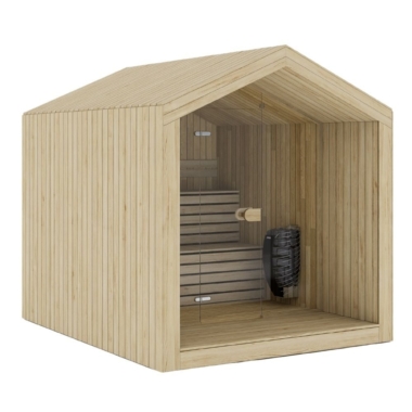 A calm sauna interior defined by natural wood tones and balanced, modern design