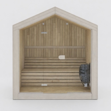 A calm sauna interior defined by natural wood tones and balanced, modern design