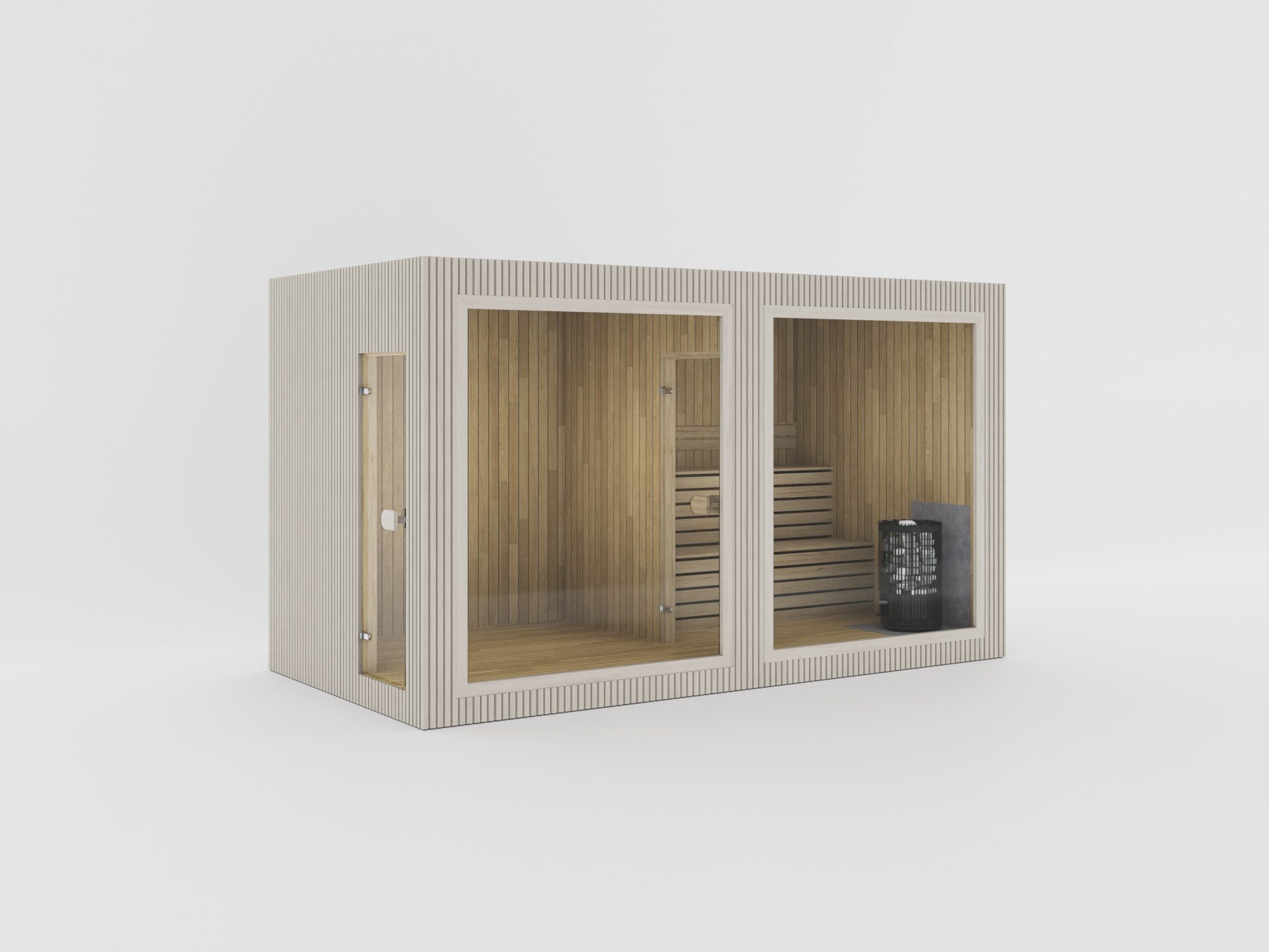 Compact beige wooden sauna cabin with open front revealing benches and a heater.