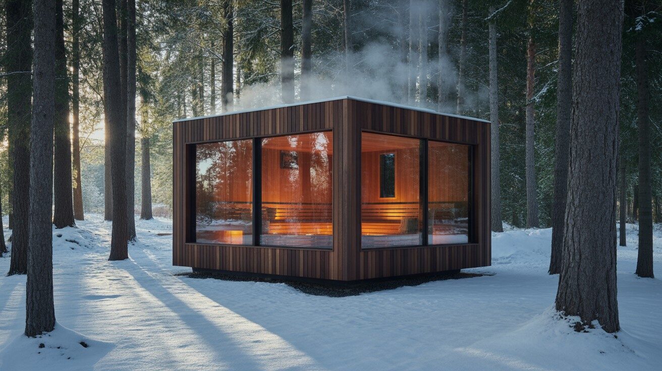 Warm light glowing from a modern Celsium sauna in a quiet snowy forest