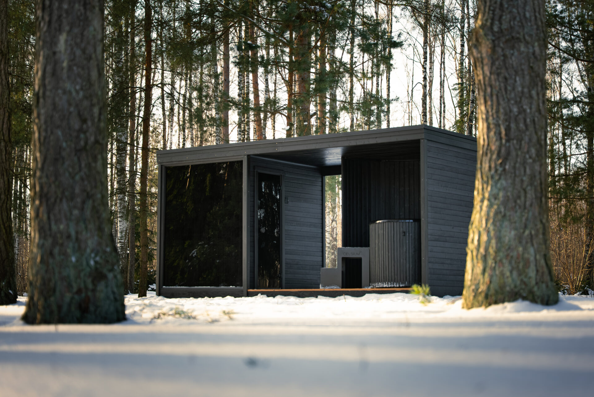 Quite modular sauna resting in a winter forest, designed for slow outdoor wellness
