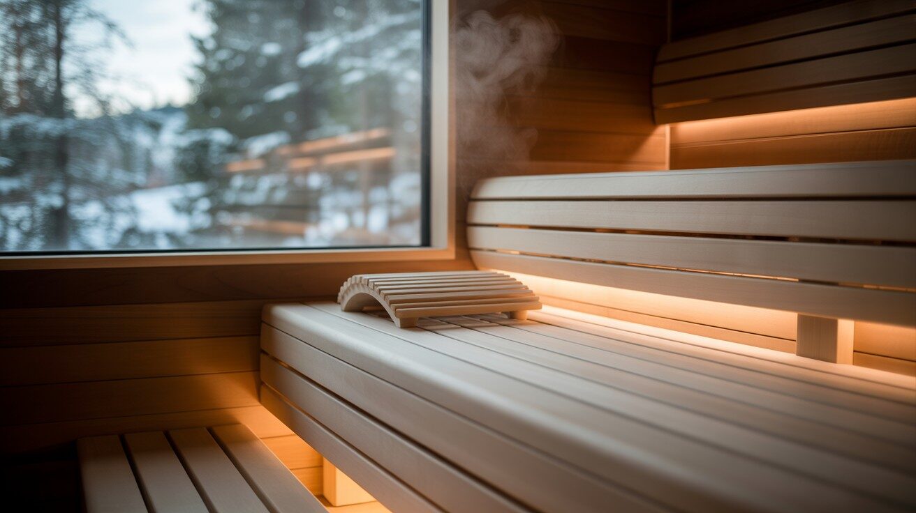 Soft evening light over a Celsium sauna nestled among snow-covered trees