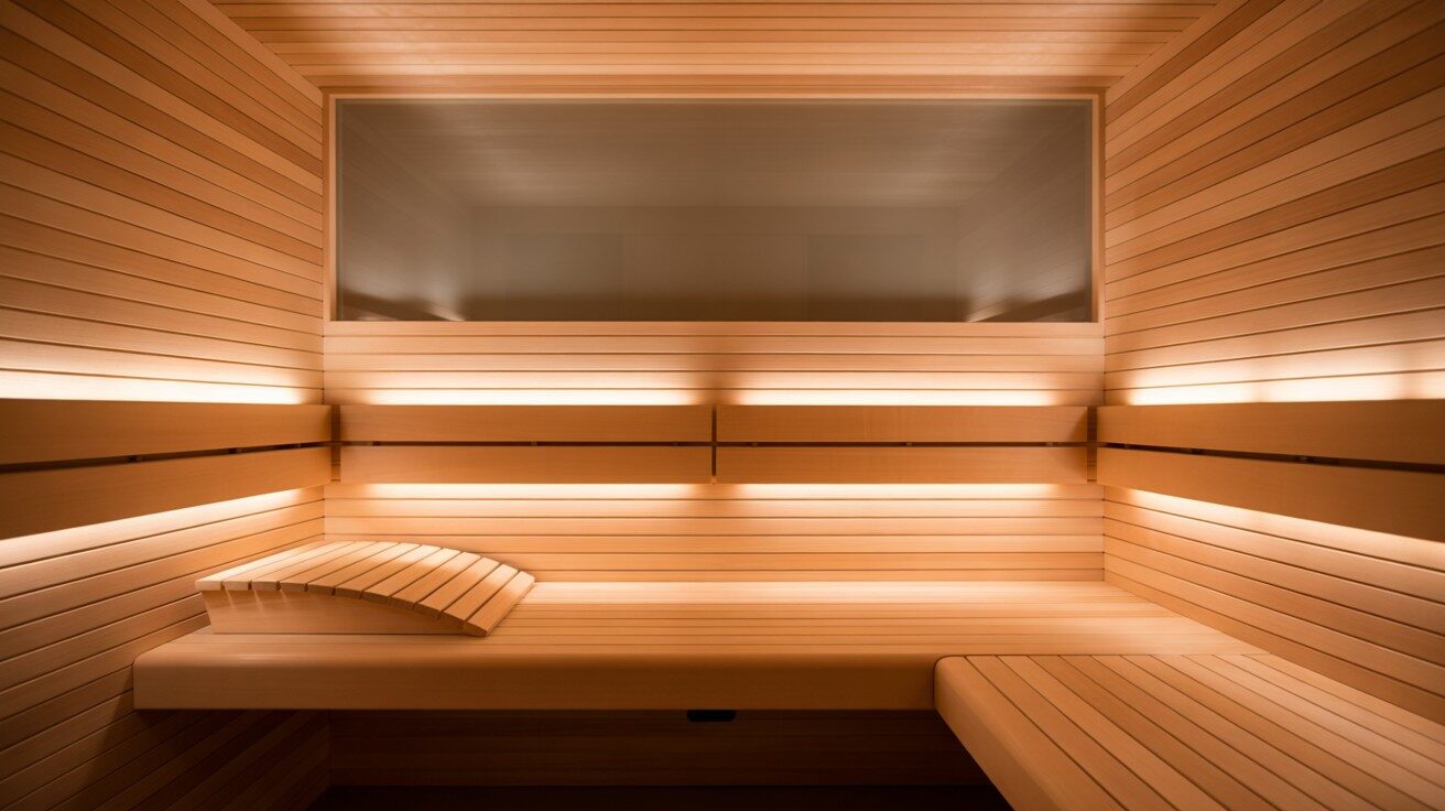 Warm scandinavian sauna interior with soft lighting, designed for calm daily wellness rituals