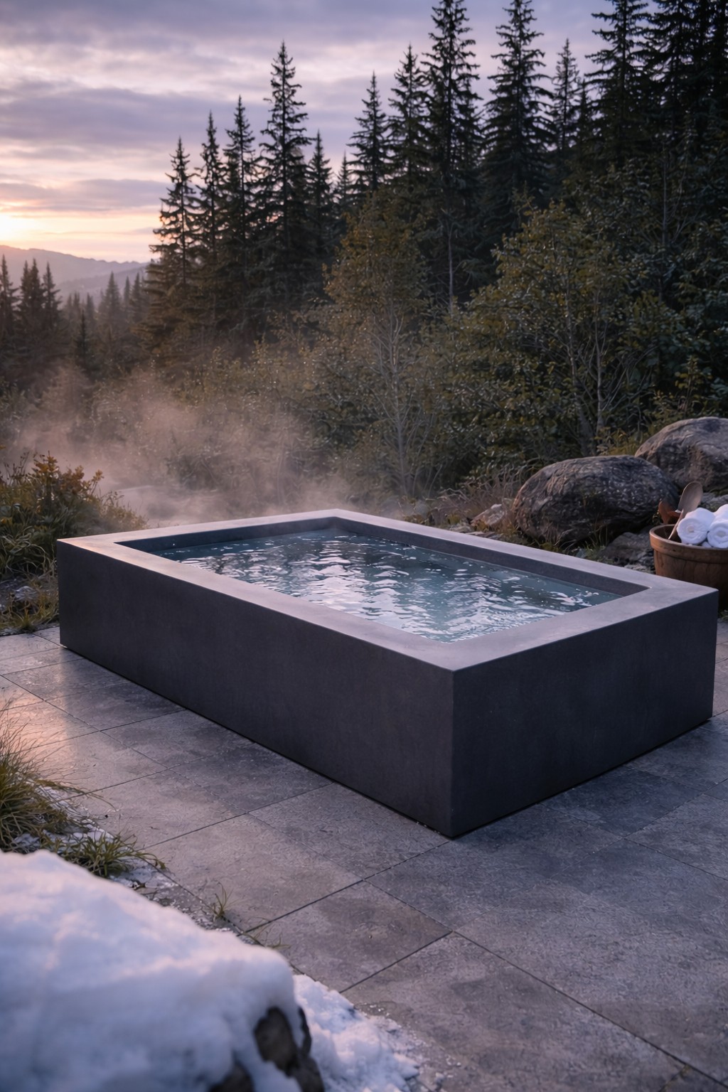 Minimal ice plunge tub in a quiet outdoor setting, reflecting clarity and cold recovery