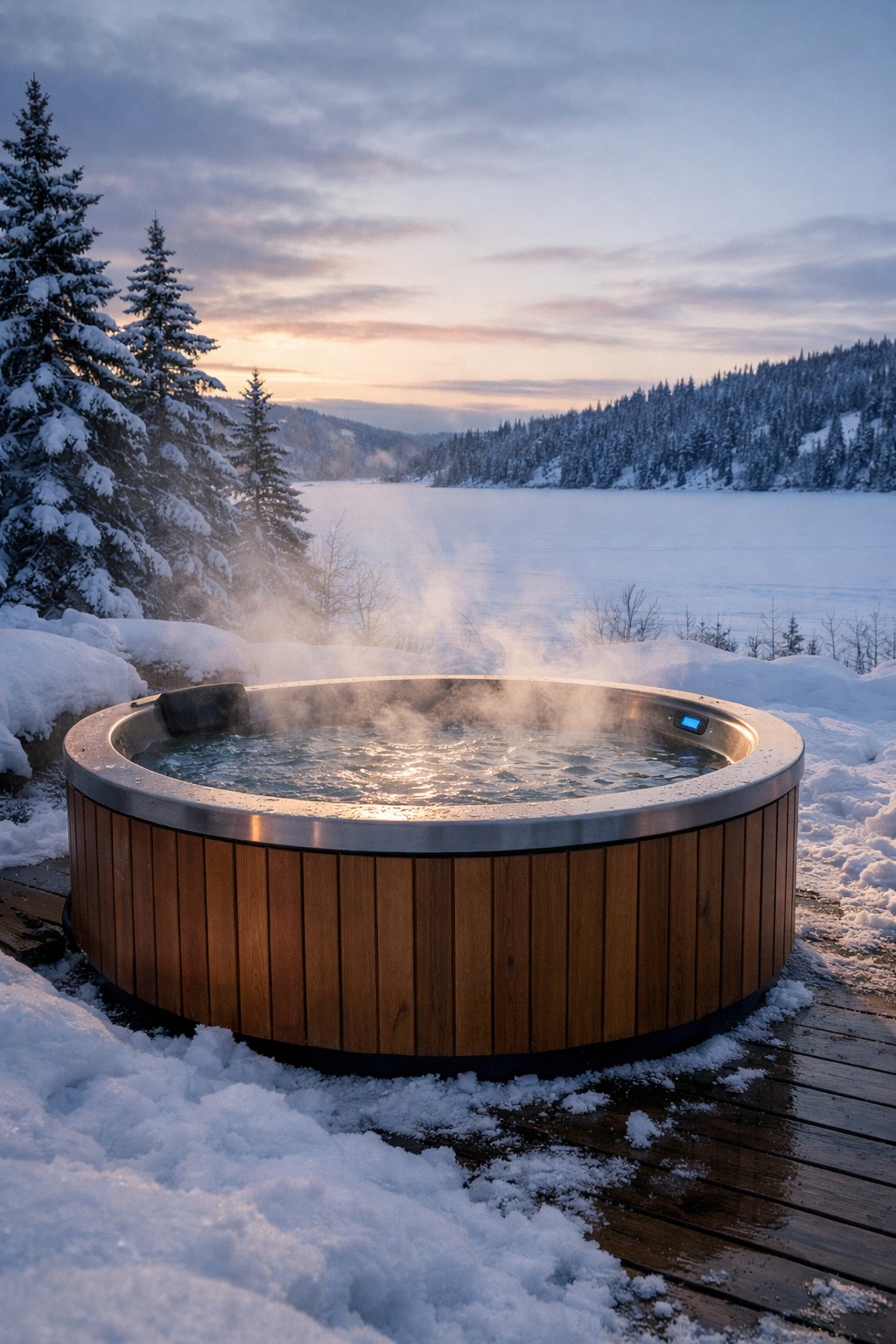 Luxury outdoor hottub operating in snowy winter conditions, calm steam rising into a Nordic landscape