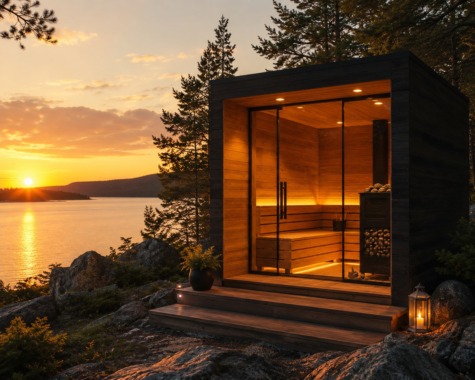 Luxury outdoor sauna surrounded by Nordic nature during sunset by Celsium Wellness