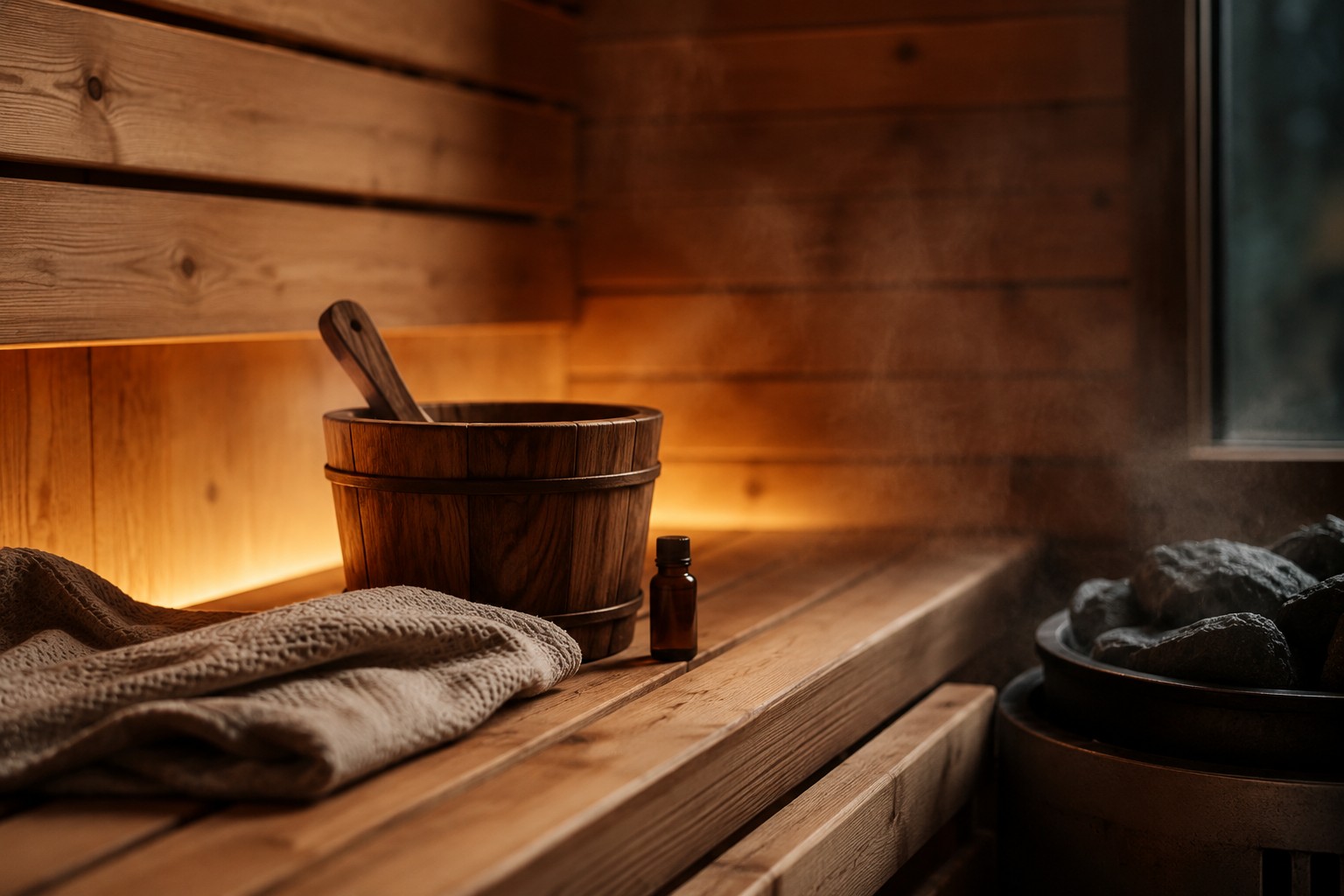 Minimal Scandinavian sauna interior with warm wood textures and calming atmosphere