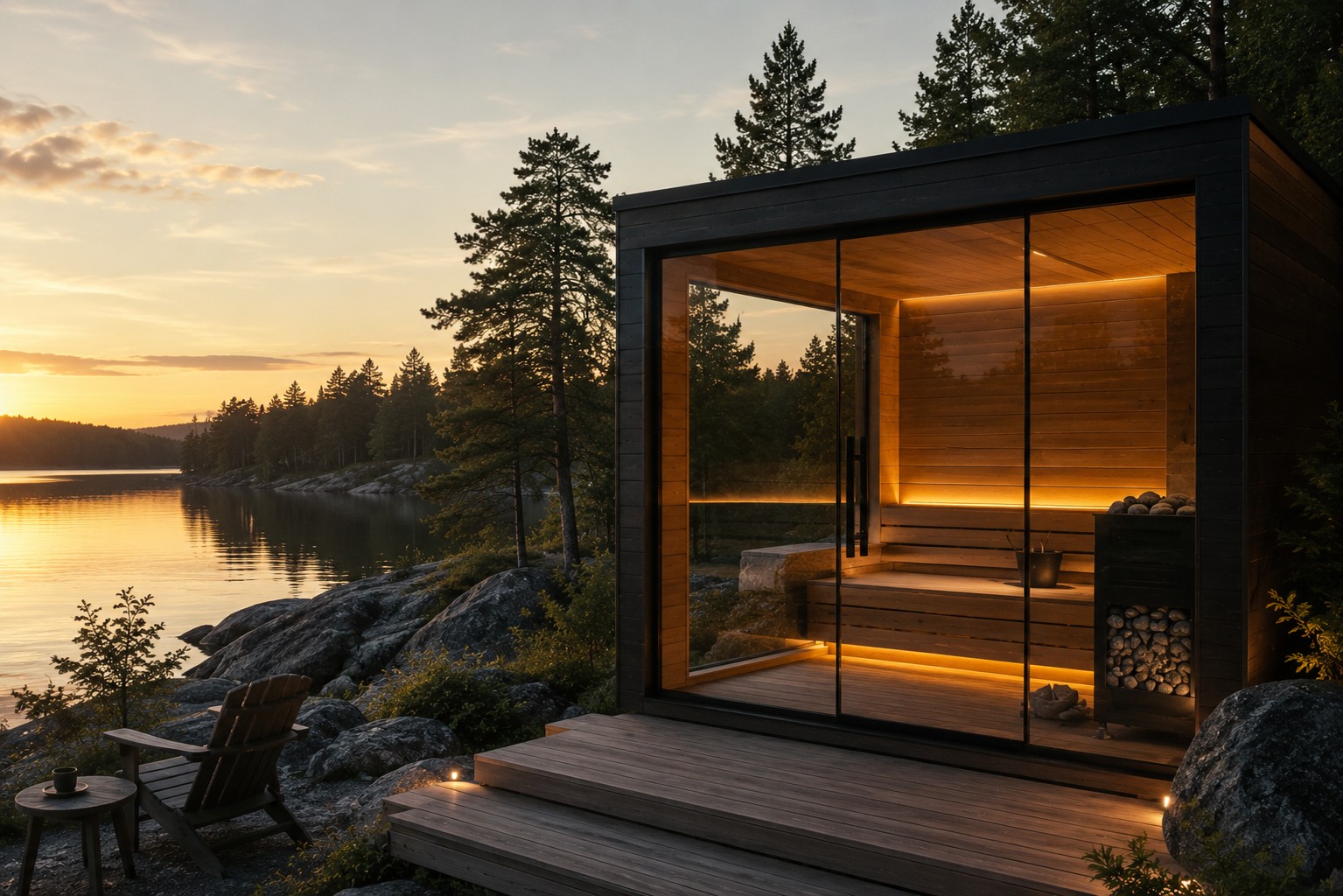 Luxury glass sauna in Scandinavian landscape designed for recovery and relaxation