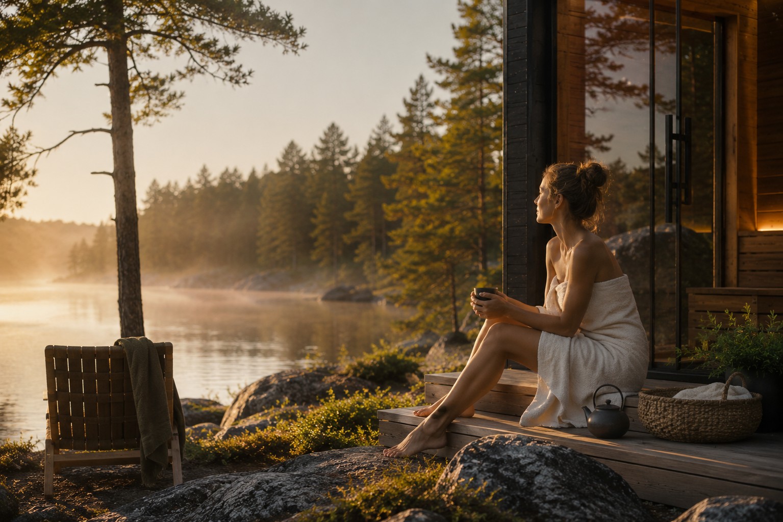 Slow living wellness ritual beside Scandinavian sauna with calming natural light