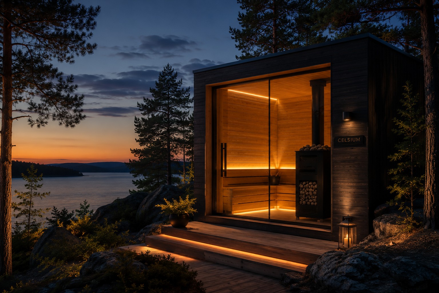 Premium outdoor sauna illuminated at dusk in peaceful Nordic environment
