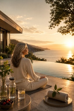 Golden-hour wellness retreat overlooking the ocean, featuring a serene woman in neutral loungewear seated beside an infinity pool, surrounded by minimalist luxury details, calm coastal scenery, and a peaceful longevity-inspired lifestyle atmosphere.